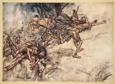O monstruoso! O estranho! nós somos assombrados. Ore, mestres! voar, mestres! Socorro !, ilustração de &39;Sonho de Noites de Verão&39; de William Shakespeare, 1908 de Arthur Rackham