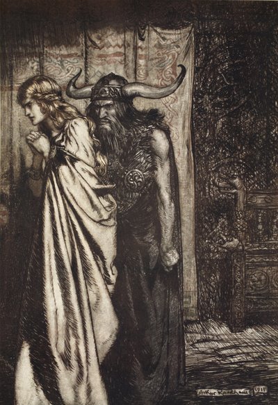 "Ó esposa traída eu vingarei que eles confiam enganados!", ilustração de "Siegfried and the Twilight of the Gods de Arthur Rackham