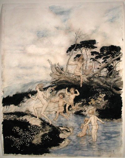 "Oh que boa altura para estar vivo", ilustração de "A Wonder Book" de Nathaniel Hawthorne, publicado em 1922 (caneta e tinta e aguarela sobre papel) de Arthur Rackham