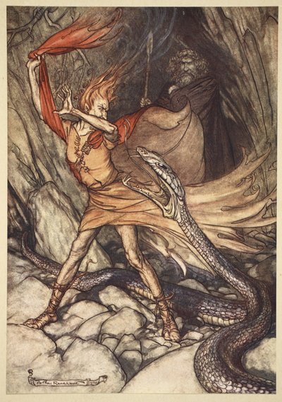 &39;Ohe! Ohe! Dragão horrível, não me engula! Poupe a vida do pobre Loge !, ilustração de "O Reno e a Valquíria", 1910 de Arthur Rackham