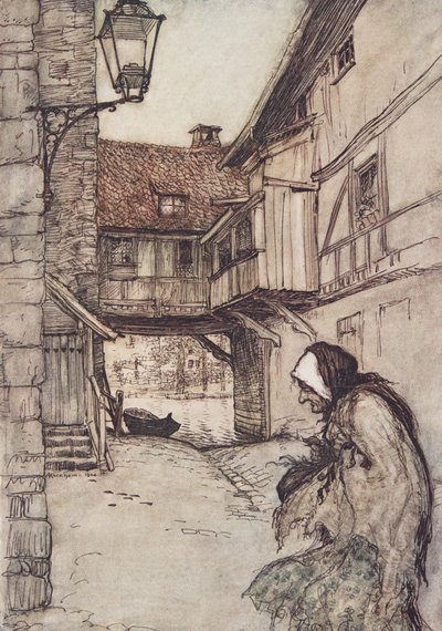 Era uma vez uma pobre mulher idosa que vivia numa aldeia, de Os Contos de Fadas dos Irmãos Grimm, pub. 1909 de Arthur Rackham