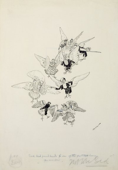 Uma das mais belas danças que você já viu, ilustração de The Zankiwank and the Bletherwitch, de SJ Adair Fitzgerald, publicada em 1896 (caneta e tinta) de Arthur Rackham