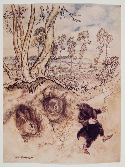 Molho de cebola! Molho de cebola! ele comentou zombeteiramente, e foi embora antes que eles pudessem pensar em uma resposta, de Wind in the Willows por Kenneth Grahame (1859 - 1932), pub. 1940 de Arthur Rackham