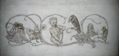 Peter Pan, ilustração de "Peter Pan in Kensington Gardens, London", publicado em 1906 (caneta e tinta & aquarela sobre papel) de Arthur Rackham