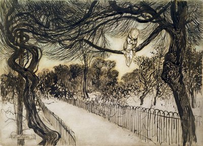 Peter Pan em um ramo, cena de Peter Pan em Kensington Gardens por JM Barrie, 1912 (caneta e tinta e wc) de Arthur Rackham