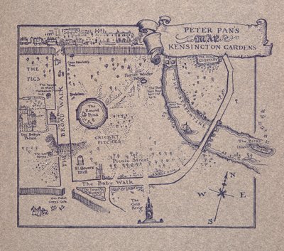 Mapa de Peter Pans de jardins de Kensington, de Peter Pan em jardins de Kensington por JM Barrie (1860 - 1937), bar. 1906 de Arthur Rackham