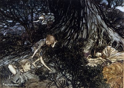 Puck a colocar um filtro mágico nas pálpebras dos personagens adormecidos. Ilustração de Arthur RACKHAM (1867-1939) para The Dream of a Summer Night de William SHAKESPEARE de Arthur Rackham