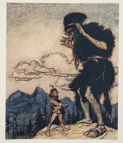 Puxando o pedaço de queijo macio do bolso, ele apertou-o até que a umidade se esgotou ... de Os contos de fada dos irmãos Grimm, pub. 1909 de Arthur Rackham