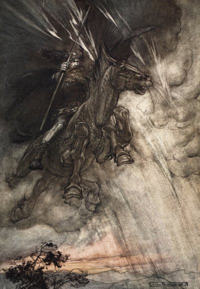 Raging, Wotan Rides to the Rock! Como um vento de tempestade ele vem!, frontispício para "O Rinegredo e a Valquíria". de Arthur Rackham