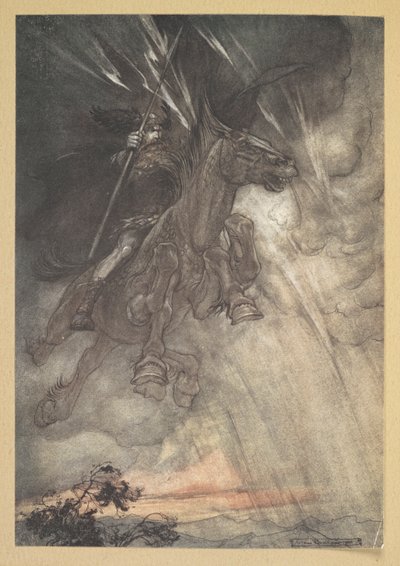 "Raging, Wotan rides to the Rock! Como um vento de tempestade, ele vem"! de Arthur Rackham