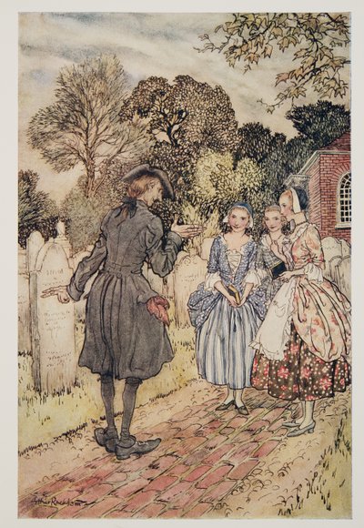 Recitando para sua diversão todos os Epitáfios nas Lápides ..., de The Legend of Sleepy Hollow por Washington Irving (1783 - 1859), pub. 1928 de Arthur Rackham