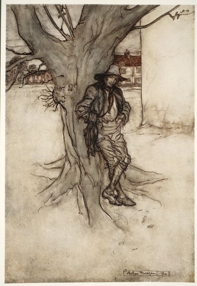 Rips filho, uma contraparte precisa de si mesmo, enquanto subia a montanha, de Rip Van Winkle, de Washington Irving, pub. 1910 de Arthur Rackham