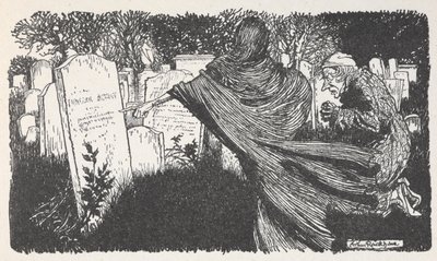 Scrooge e um fantasma num cemitério à noite. de Arthur Rackham