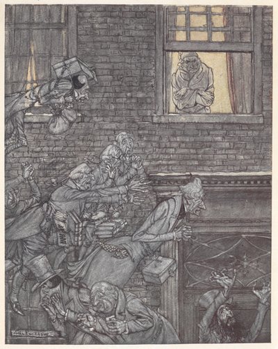 Scrooge à sua janela a observar fantasmas na rua em baixo de Arthur Rackham
