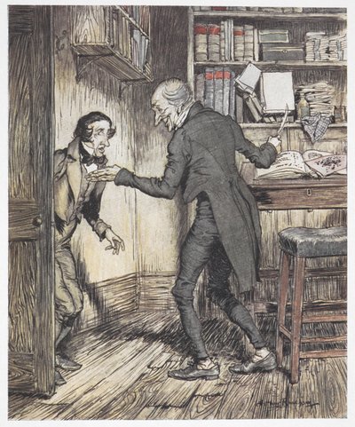 Scrooge escrevendo no seu escritório quando outro homem entra de Arthur Rackham