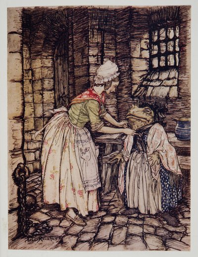 Ela arrumou o xale com uma dobra progressiva e amarrou as cordas do capô enferrujado sob o queixo, de Wind in the Willows, de Kenneth Grahame (1859 - 1932), pub. 1940 de Arthur Rackham