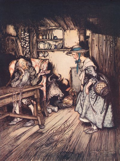 Implorou, de forma muito bonita, que lhe fosse permitido passar lá a noite. Ilustração de Arthur Rackham de Grimm