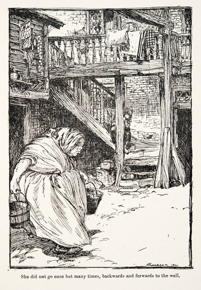 Ela não foi uma vez, mas muitas vezes, indo e voltando para o poço, de Os contos de fada dos irmãos Grimm, pub. 1909 de Arthur Rackham