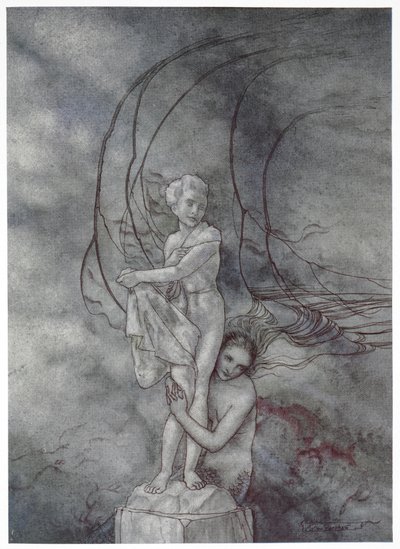 "Ela pôs os braços à volta da figura de mármore que era tão parecida com o príncipe". Ilustração para a história, 