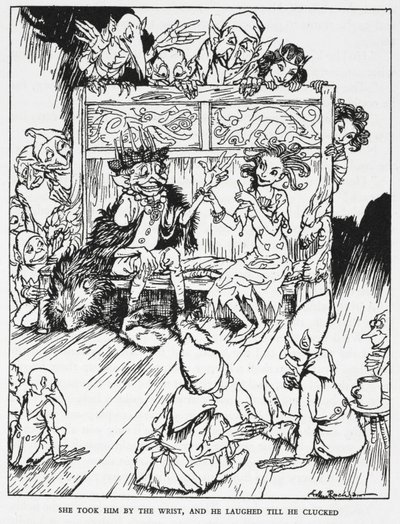 "Ela agarrou-o pelo pulso, e ele riu-se até ele se agarrar". Elfin maidens e goblins. Ilustração para "a colina dos duendes". de Arthur Rackham
