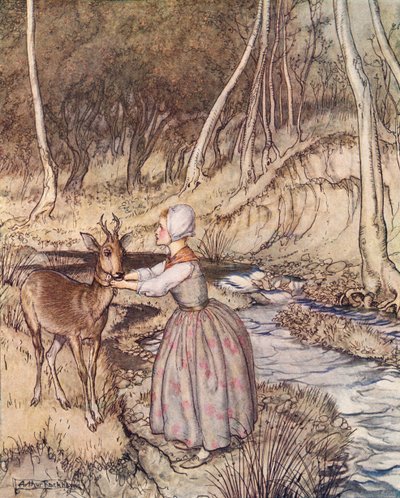 Ela tirou a sua liga dourada e colocou-a à volta do pescoço do Roe Buck. Ilustração de Arthur Rackham de Grimm