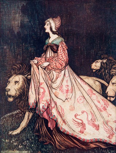 Ela foi embora acompanhada pelos Leões, do conto The Fairy Tales dos irmãos Grimm. 1909 de Arthur Rackham