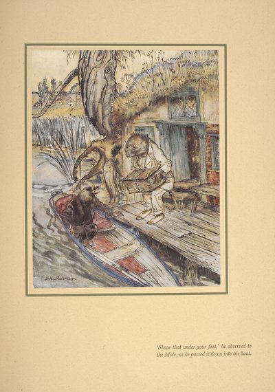 "Enfie isso debaixo do pé", ele (Ratty) observou a toupeira enquanto a passava para dentro do barco. de Arthur Rackham
