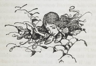 Shrunken Alice depois de comer um pouco do cogumelo da Lagarta de Arthur Rackham