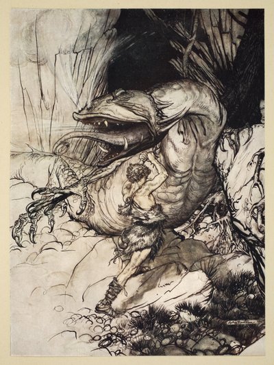 Siegfried mata Fafner, ilustração de &39;Siegfried e o Crepúsculo dos Deuses&39;, 1924 de Arthur Rackham