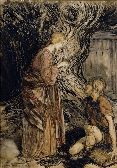 Siegmund e Sieglinde, ilustração de Rhinegold e Valquíria por Richard Wagner, Heinemann, 1910 (caneta e tinta com wc no papel) de Arthur Rackham