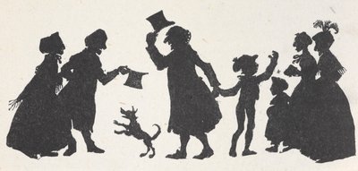 Silhueta de um jovem rapaz e de um homem a cumprimentar pessoas a caminho de casa a partir da igreja. de Arthur Rackham
