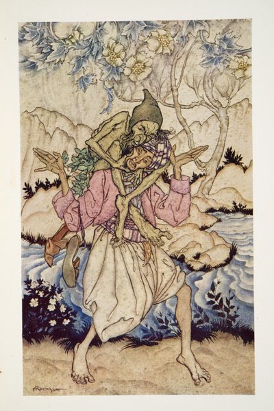 Sinbad carregou o Velho do Mar em seus ombros, do The Arthur Rackham Fairy Book, pub. 1933 de Arthur Rackham