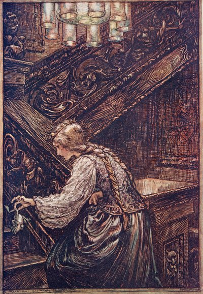Então ela agarrou-o com dois dedos e carregou-o para cima ... de The Fairy Tales dos Irmãos Grimm, pub. 1909 de Arthur Rackham