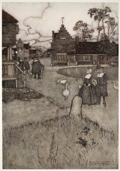 Algumas das casas dos colonos originais., De Rip Van Winkle por Washington Irving, bar. 1910 de Arthur Rackham