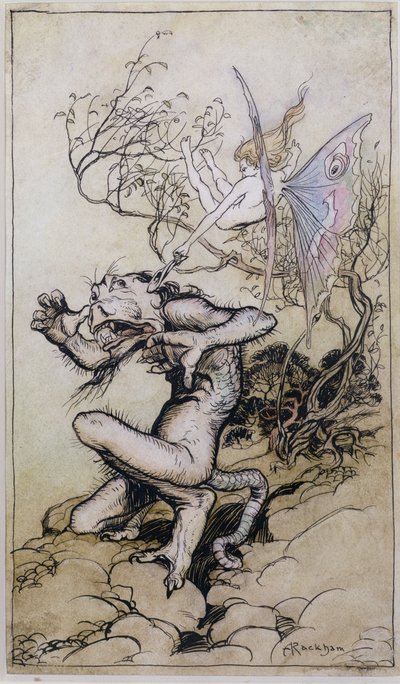 Sprite and Monster, uma ilustração de Tales from Shakespeare de Charles (1775-1834) e Mary Lamb (1764-1847) 1909 (caneta e tinta, wc) de Arthur Rackham
