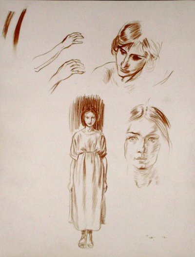Estudos de uma mulher, de rostos e de mãos (sangue no papel) de Arthur Rackham