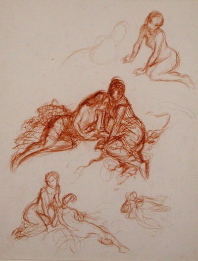 Estudos de meninas sentadas na relva (sangue no papel) de Arthur Rackham