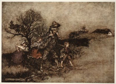 Cercado por uma tropa de crianças, de Rip Van Winkle por Washington Irving, pub. 1910 de Arthur Rackham