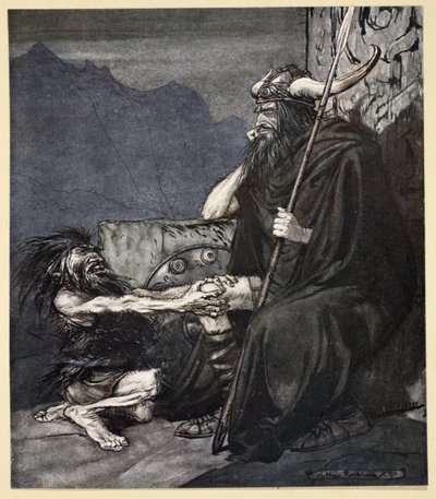 "Jura-me, Hagen, meu filho!", Ilustração de "Siegfried and the Twilight of the Gods", 1924 de Arthur Rackham