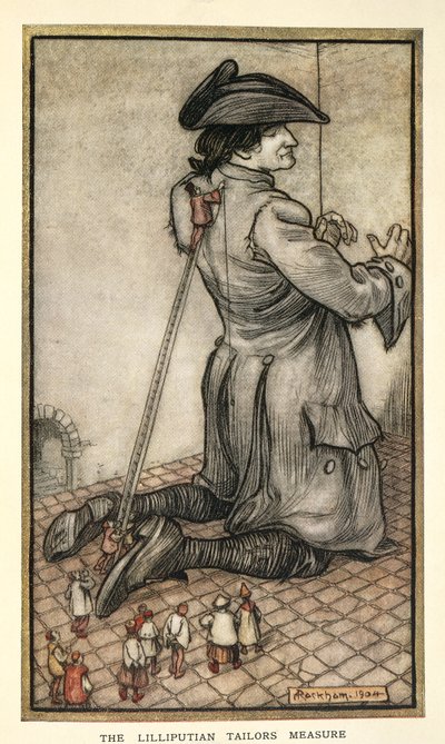Alfaiates de Lilliput medindo Gulliver, ilustração de Gulliver