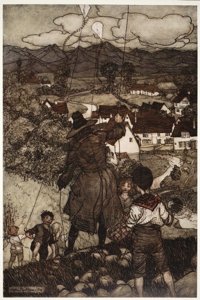 Ensinou-os a fazer pipas, de Rip Van Winkle, de Washington Irving, pub. 1910 de Arthur Rackham
