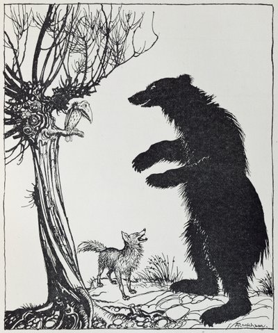 O Urso e a Raposa, ilustração de &39;Fábulas de Esopo&39;, publicada por Heinemann, 1912 de Arthur Rackham