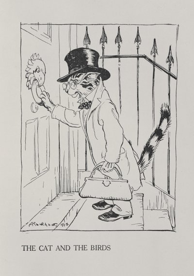 O Gato e os Pássaros, ilustração de &39;Fábulas de Esopo&39;, publicado por Heinemann, 1912 de Arthur Rackham