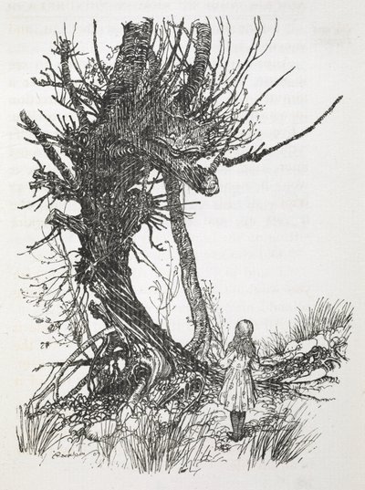 O Gato de Cheshire numa árvore a olhar para a Alice de Arthur Rackham