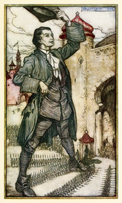 O Imperador de Lilliput revisa suas tropas da Parte I: Uma Viagem a Lilliput em Gullivers Viaja por Jonathan Swift de Arthur Rackham
