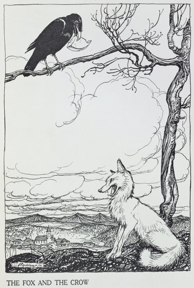 A Raposa e o Corvo, ilustração de &39;Fábulas de Esopo&39;, publicada por Heinemann, 1912 (gravura) de Arthur Rackham