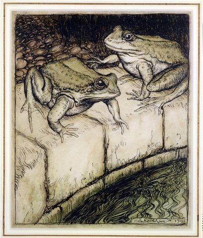 The Frogs and the Well, ilustração de Aesops Fables, publicado em 1912 (caneta e tinta e wc no papel) de Arthur Rackham