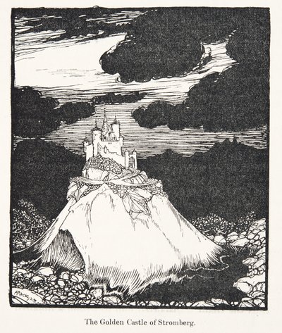 O castelo dourado de Stromberg, dos contos de fadas dos irmãos Grimm, bar. 1909 de Arthur Rackham