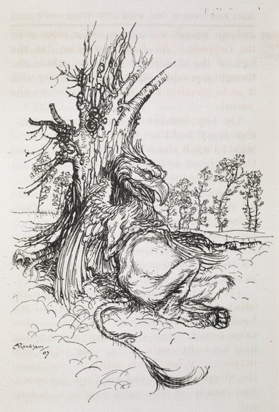 O Gryphon sentado contra uma árvore de Arthur Rackham