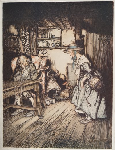 A cabana na floresta, do irmão pequeno & da irmã mais nova e dos outros contos pelos irmãos Grimm, pub.1917 de Arthur Rackham